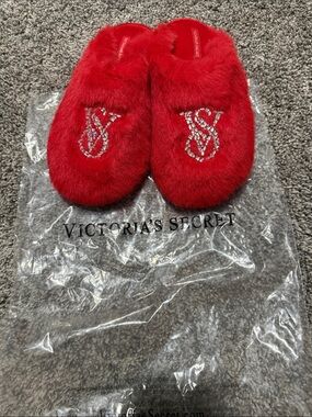 Victoria's Secret Red Faux Fur Slip-Ons with Crystal VS Emblem